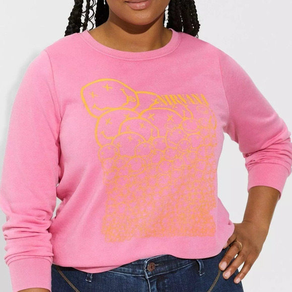 Torrid Pink Nirvana Smiley Face Logo Cozy Fleece Pullover Sweatshirt New NWT 1X - Picture 2 of 3